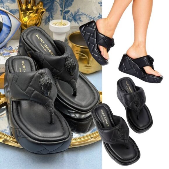 🆕 KURT GEIGER LONDON 🧿 NWOB Kensington Puff Wedge Sandal, Black - Sz EU37 US 7 - Picture 1 of 16